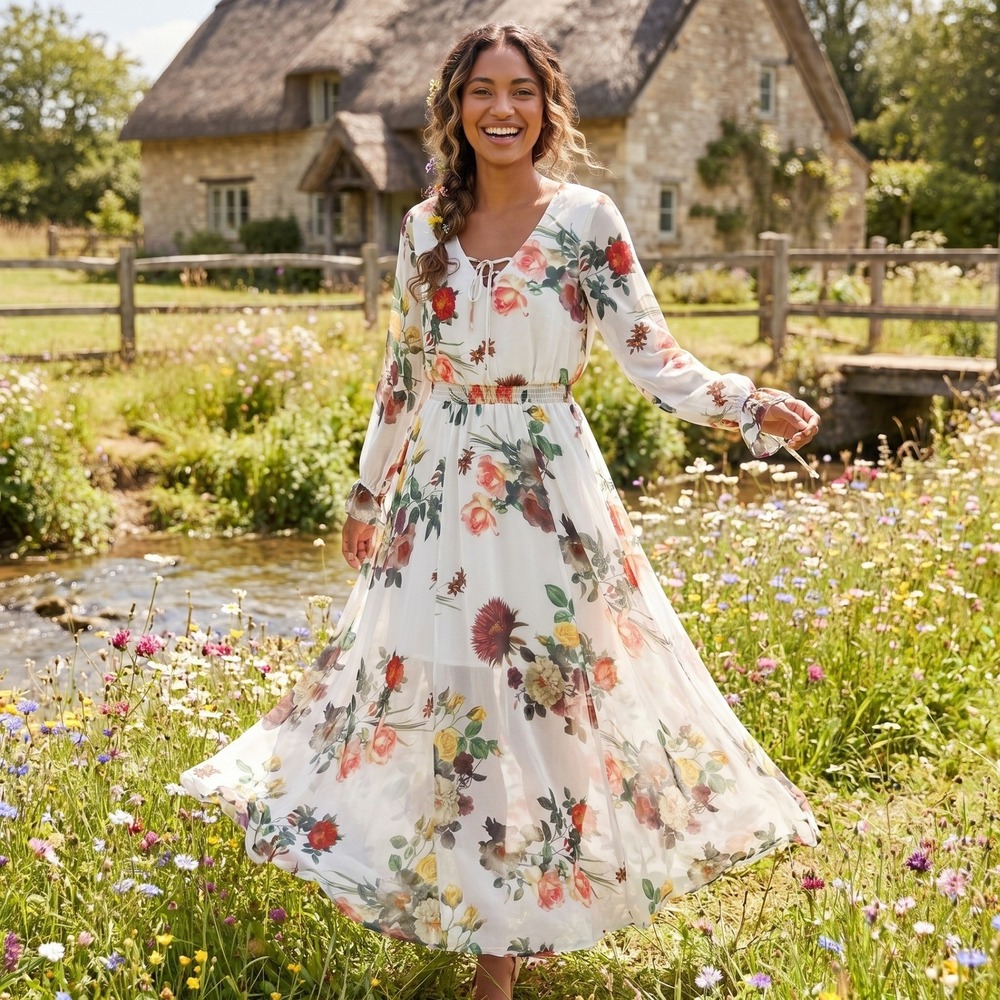 Belle Sky Floral Chiffon Maxi Dress Women XS White‎ Rose Cottagecore Boho